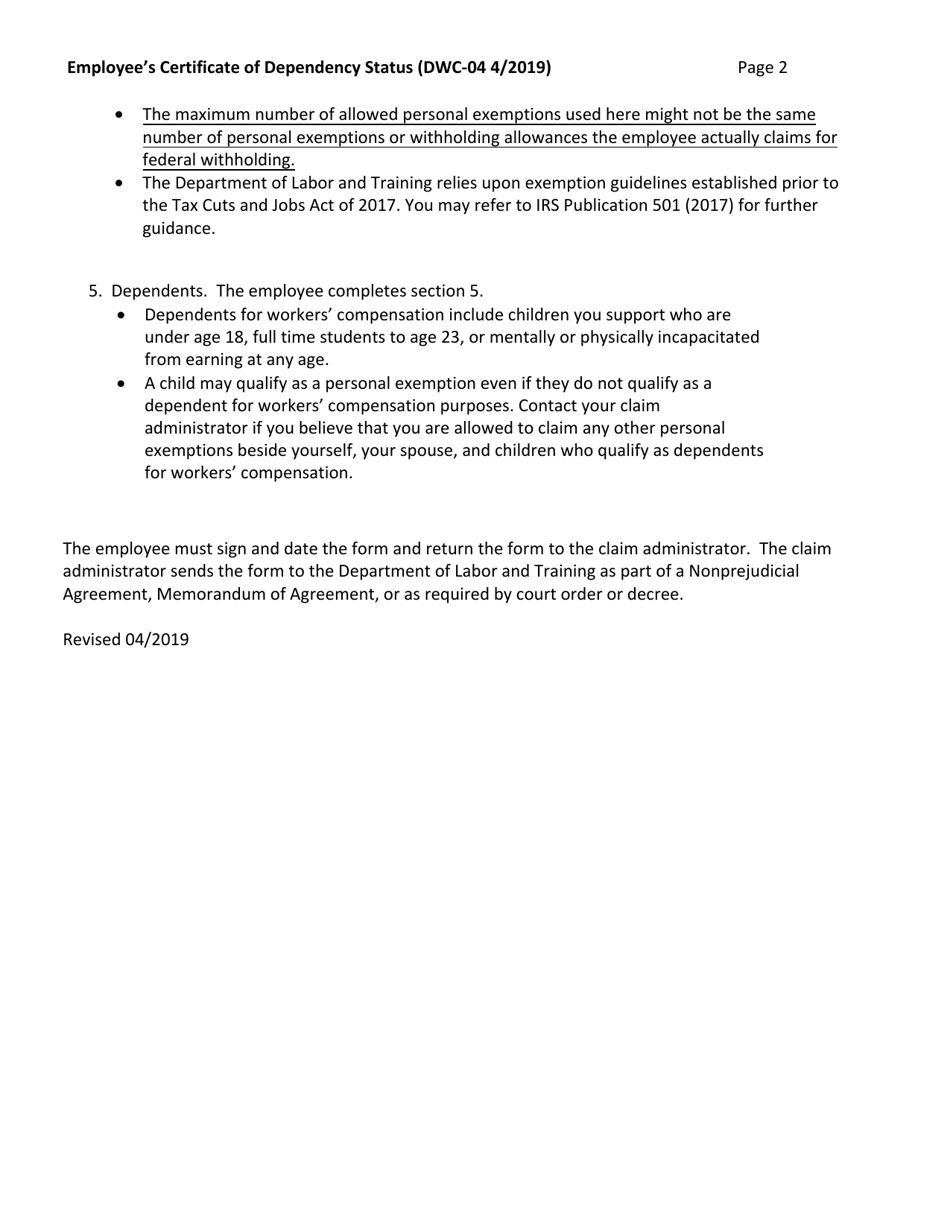 Form DWC-04 Employees Certificate of Dependency Status - Rhode Island, Page 3