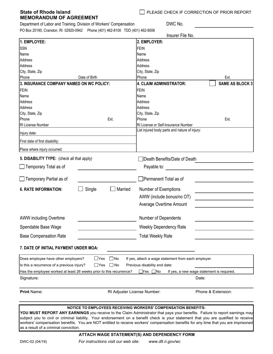 Form DWC-02 Memorandum of Agreement - Rhode Island, Page 1