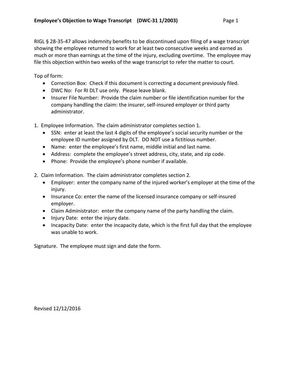 Form DWC-31 Employees Objection to Wage Transcript - Rhode Island, Page 2