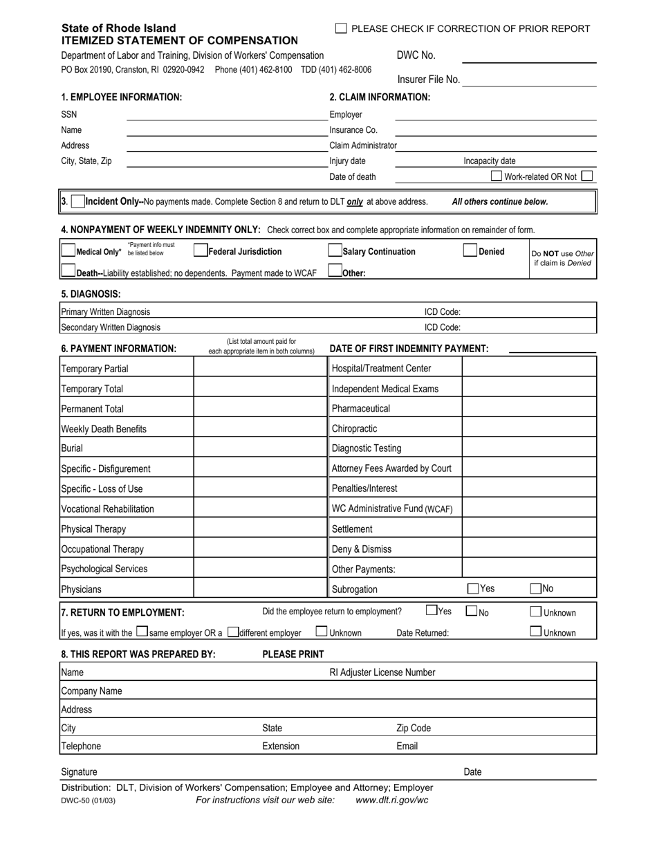 Form DWC-50 Itemized Statement of Compensation - Rhode Island, Page 1