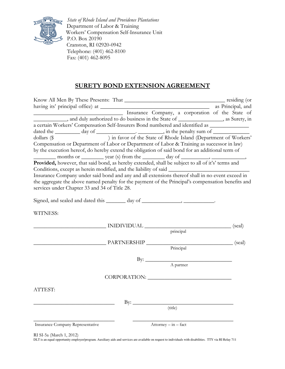 Form RI SI-5A Surety Bond Extension Agreement - Rhode Island, Page 1