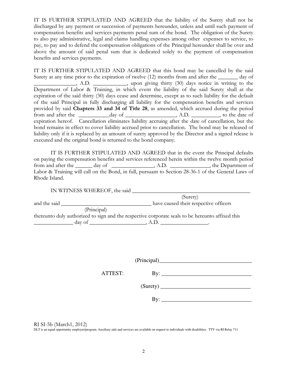 Form RI SI-5B Bond of Employer Authorized to Pay Workers Compensation Benefits Directly to Employees or Their Dependents - Rhode Island, Page 2