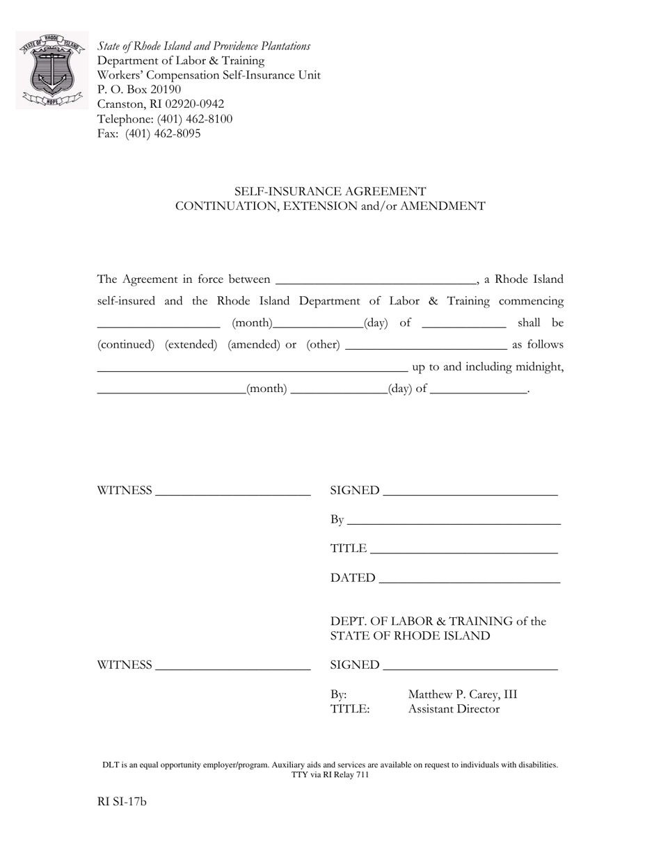 Form RI SI-17B Self-insurance Agreement Continuation, Extension and / or Amendment - Rhode Island, Page 1