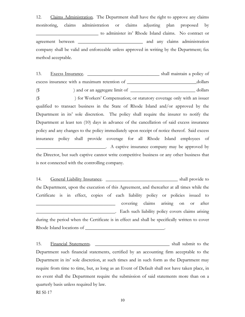 Form RI SI-17 Self-insurance Agreement - Rhode Island, Page 10