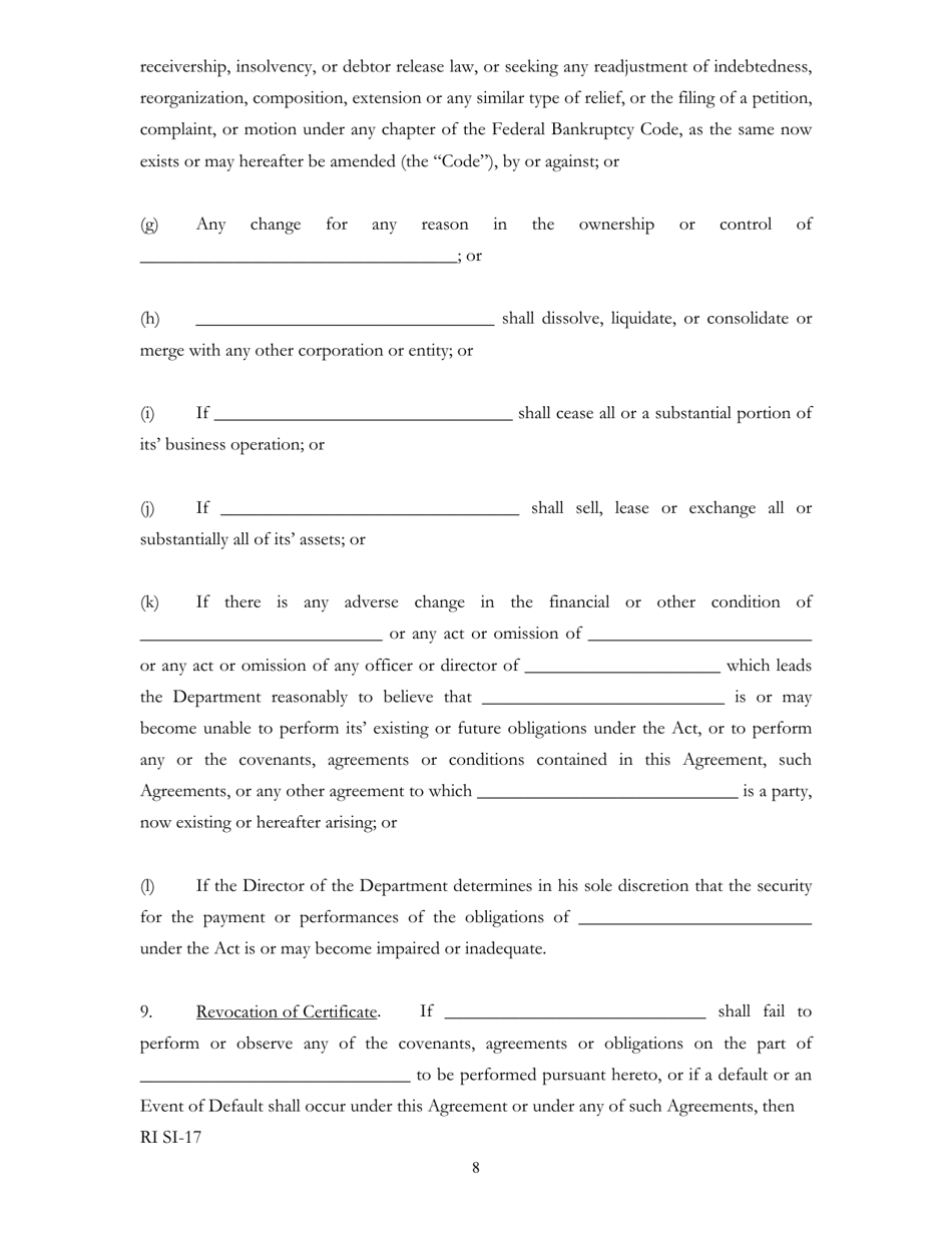 Form RI SI-17 Self-insurance Agreement - Rhode Island, Page 8