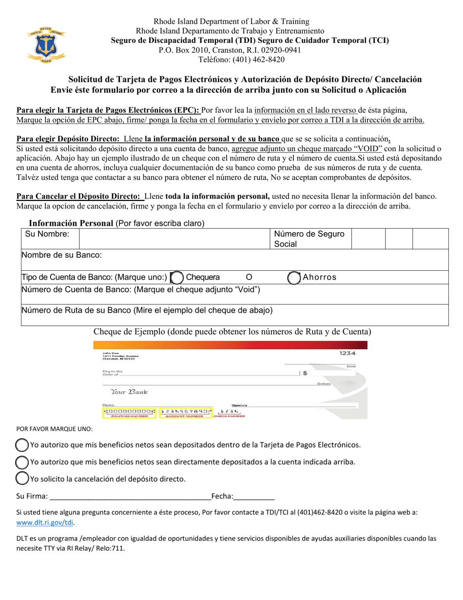 Solicitud De Tarjeta De Pagos Electronicos Y Autorizacion De Deposito Directo / Cancelacion - Rhode Island (Spanish), Page 2