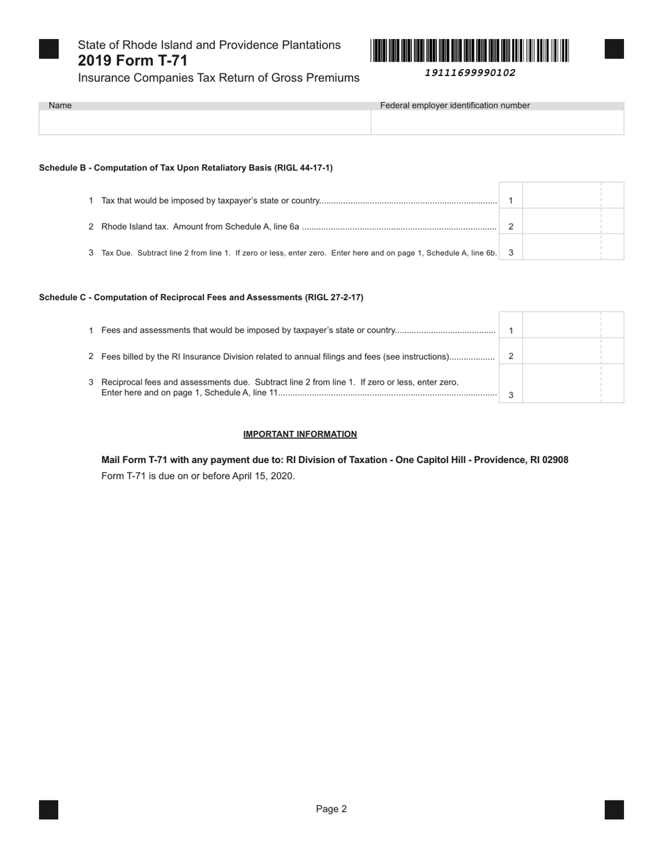 Form T-71 Insurance Companies Tax Return of Gross Premiums - Rhode Island, Page 2