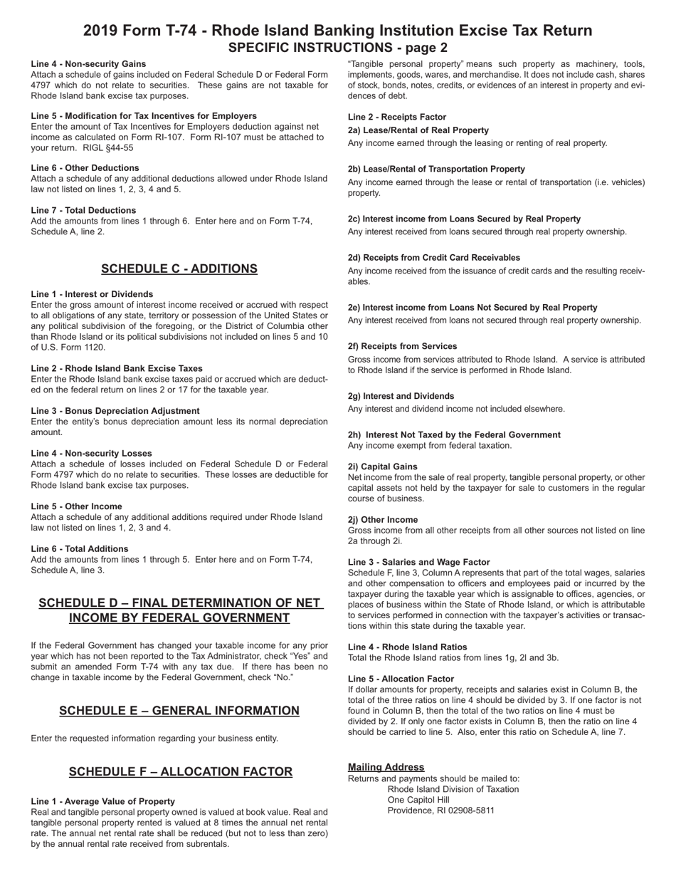 Instructions for Form T-74 Rhode Island Banking Institution Excise Tax Return - Rhode Island, Page 2