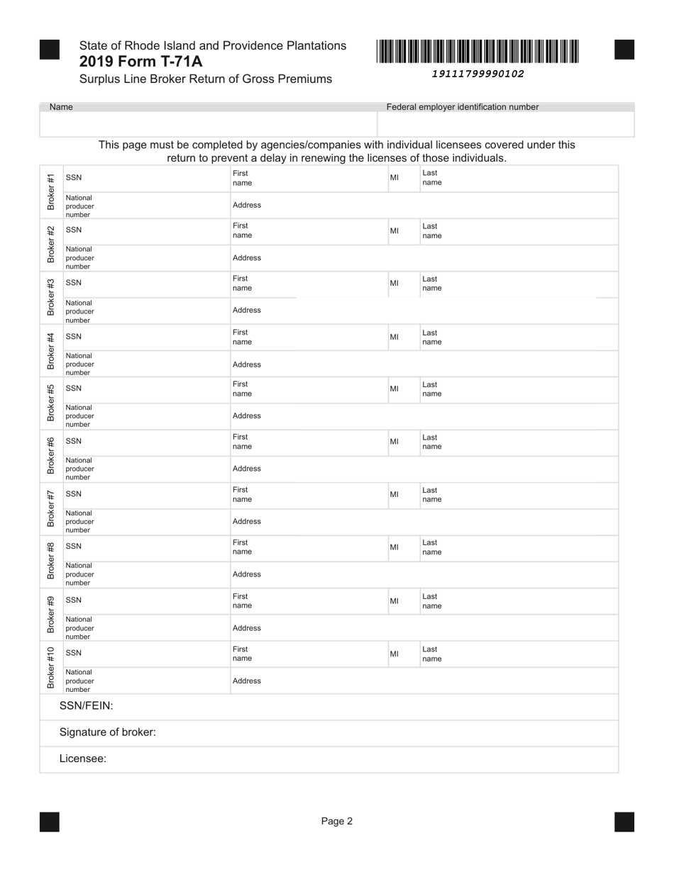 Form T-71A Surplus Line Broker Return of Gross Premiums - Rhode Island, Page 2
