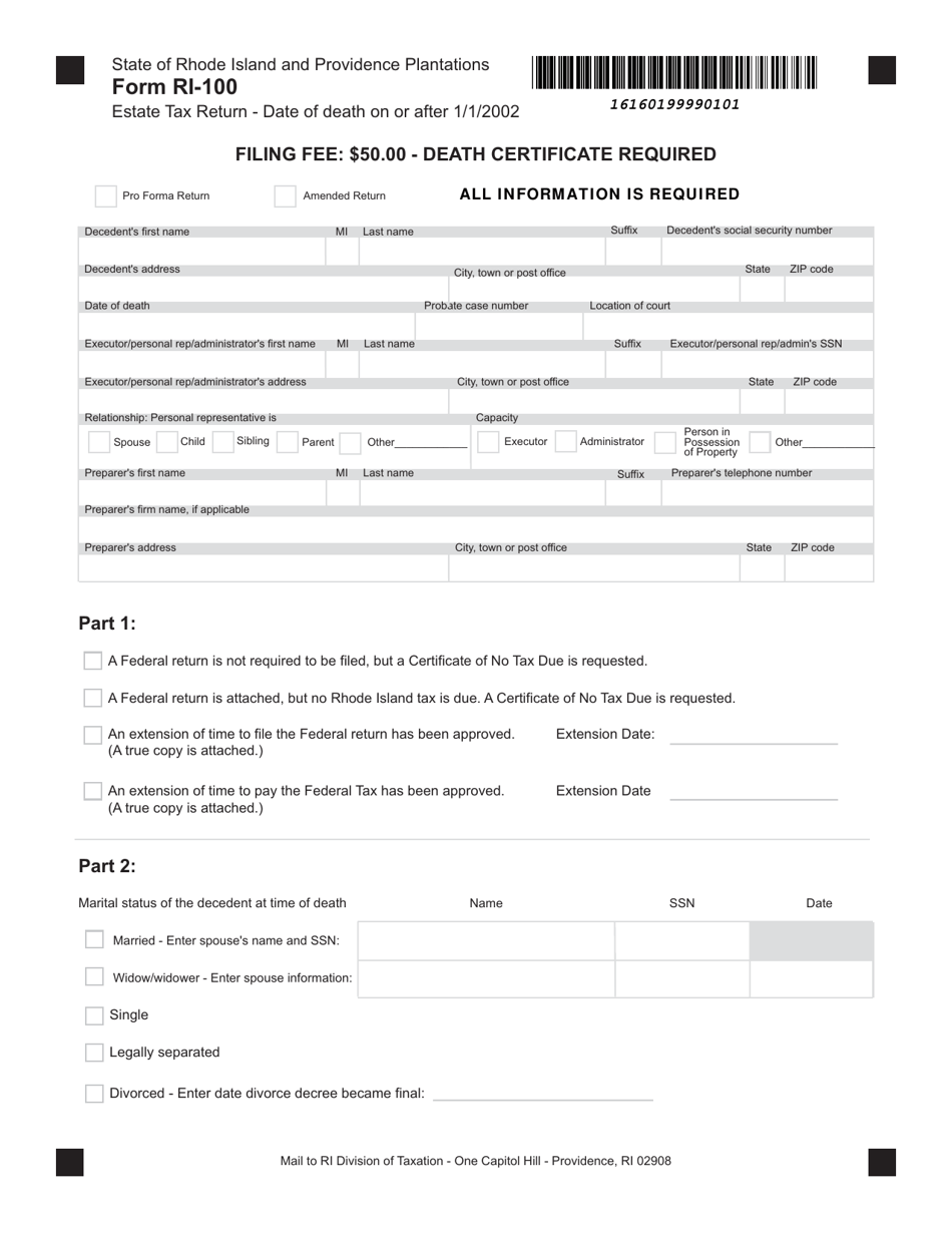 Form RI-100 Estate Tax Return - Date of Death on or After 1/1/2002 - Rhode Island, Page 1