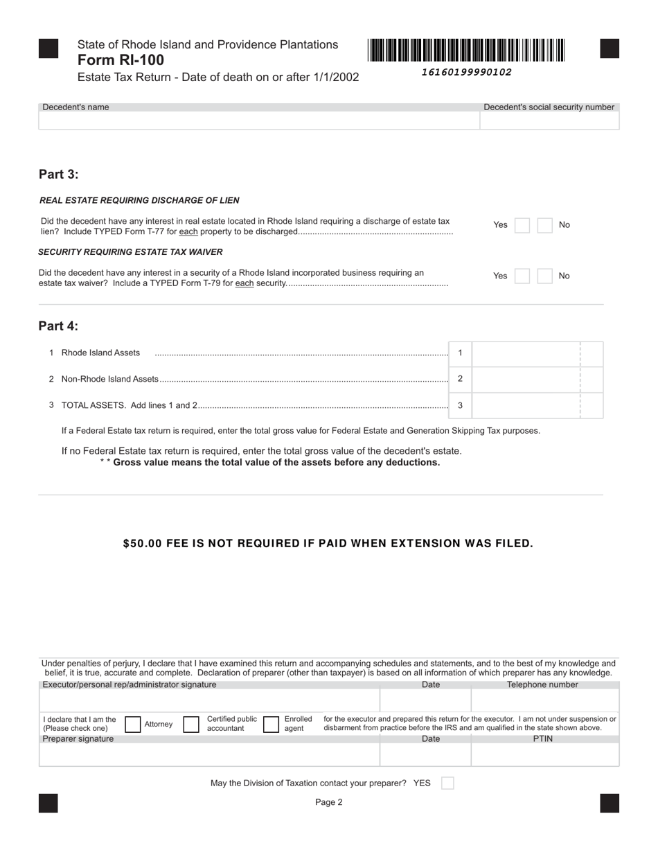 Form RI-100 Estate Tax Return - Date of Death on or After 1 / 1 / 2002 - Rhode Island, Page 2