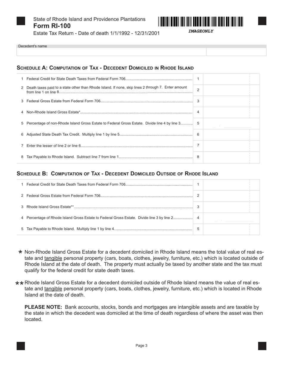 Form RI-100 Estate Tax Credit Transmittal for All Decedents Dying Between 1 / 1 / 1992 and 12 / 31 / 2001 Only - Rhode Island, Page 3