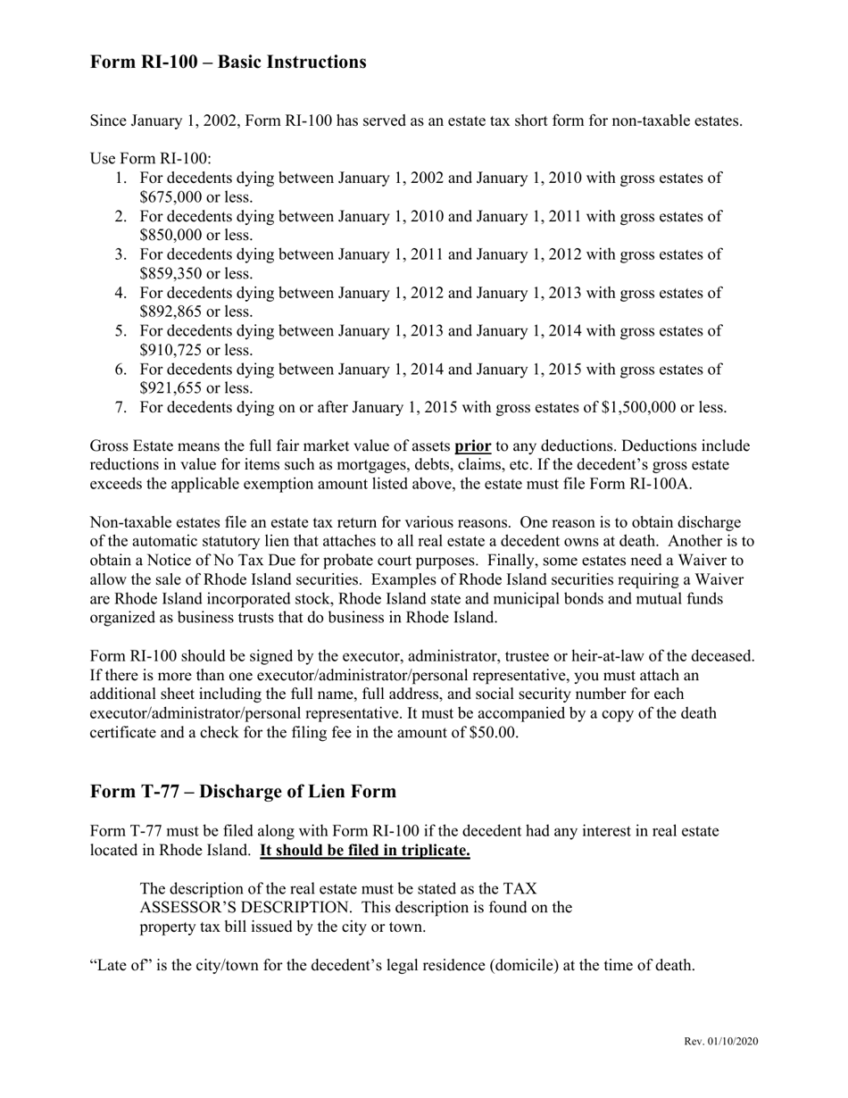 Instructions for Form RI-100, T-77, T-79 - Rhode Island, Page 1