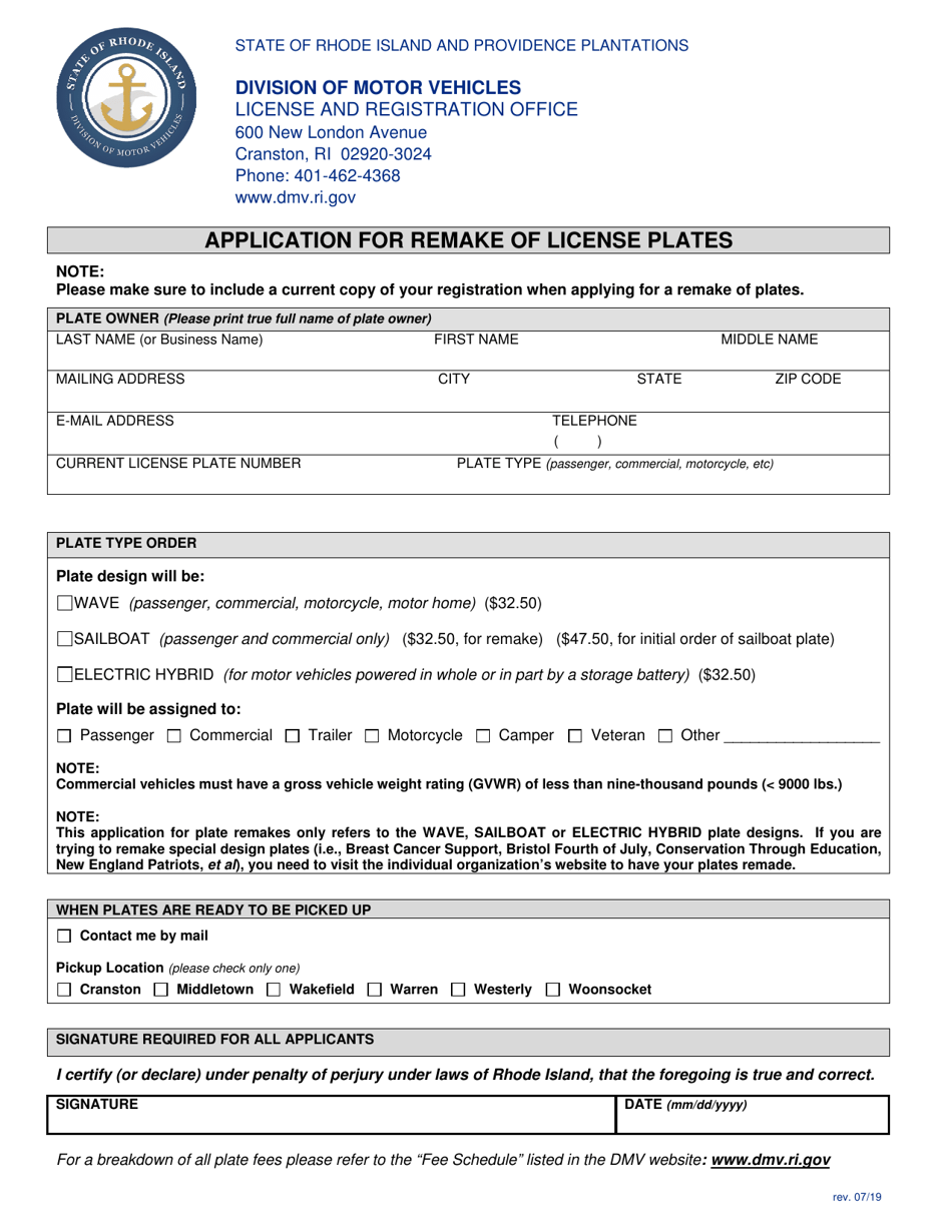 Application for Remake of License Plates - Rhode Island, Page 1