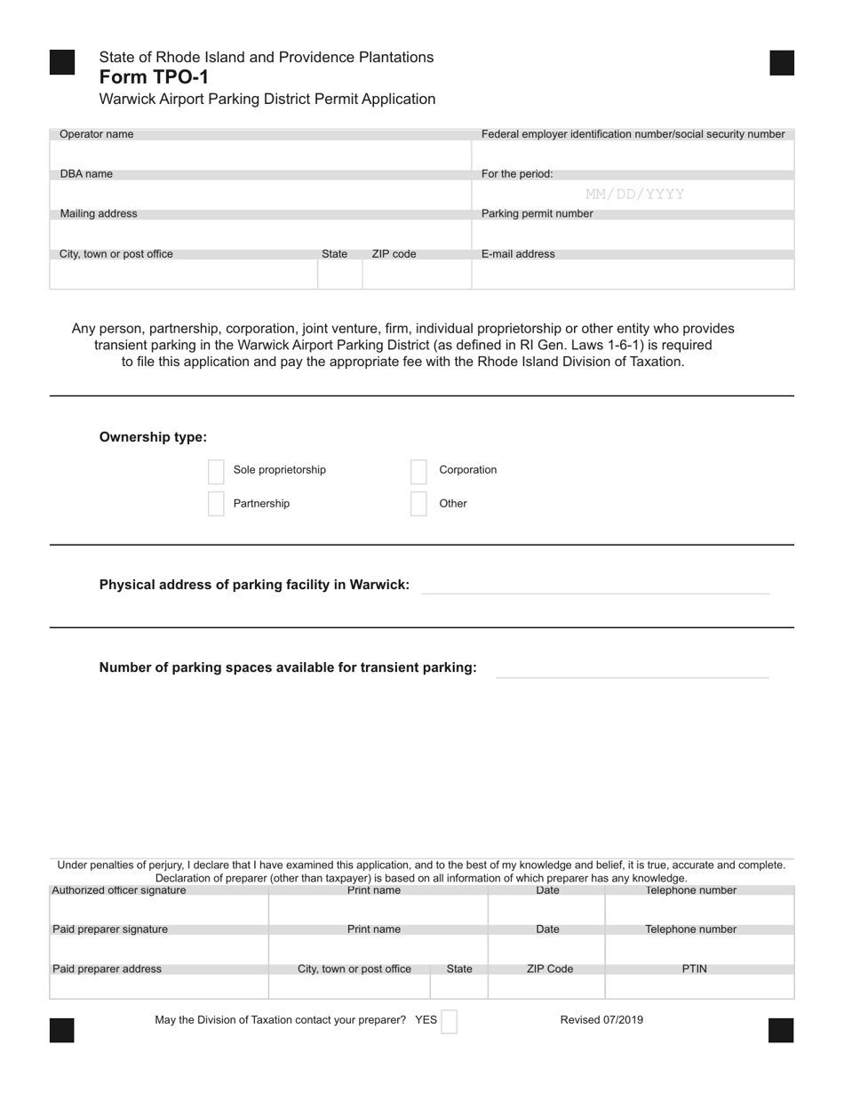 Form TPO-1 Warwick Airport Parking District Permit Application - Rhode Island, Page 1