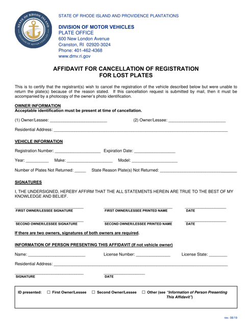 Affidavit for Cancellation of Registration for Lost Plates - Rhode Island Download Pdf