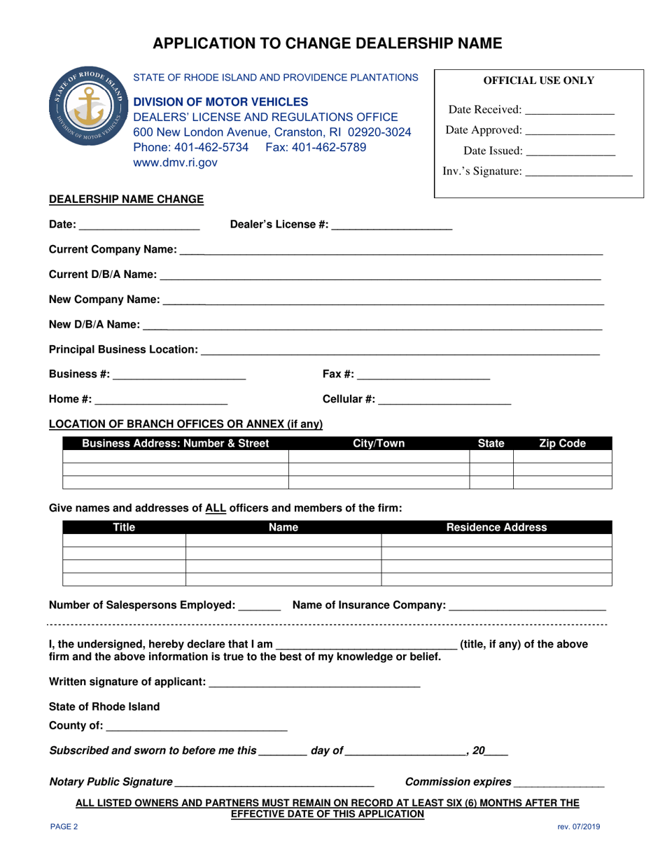Application to Change Dealership Name - Rhode Island, Page 2