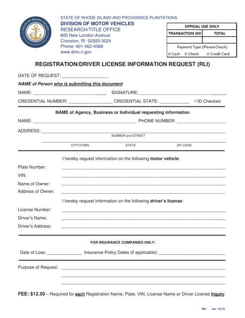 Registration / Driver License Information Request (Rli) - Rhode Island Download Pdf