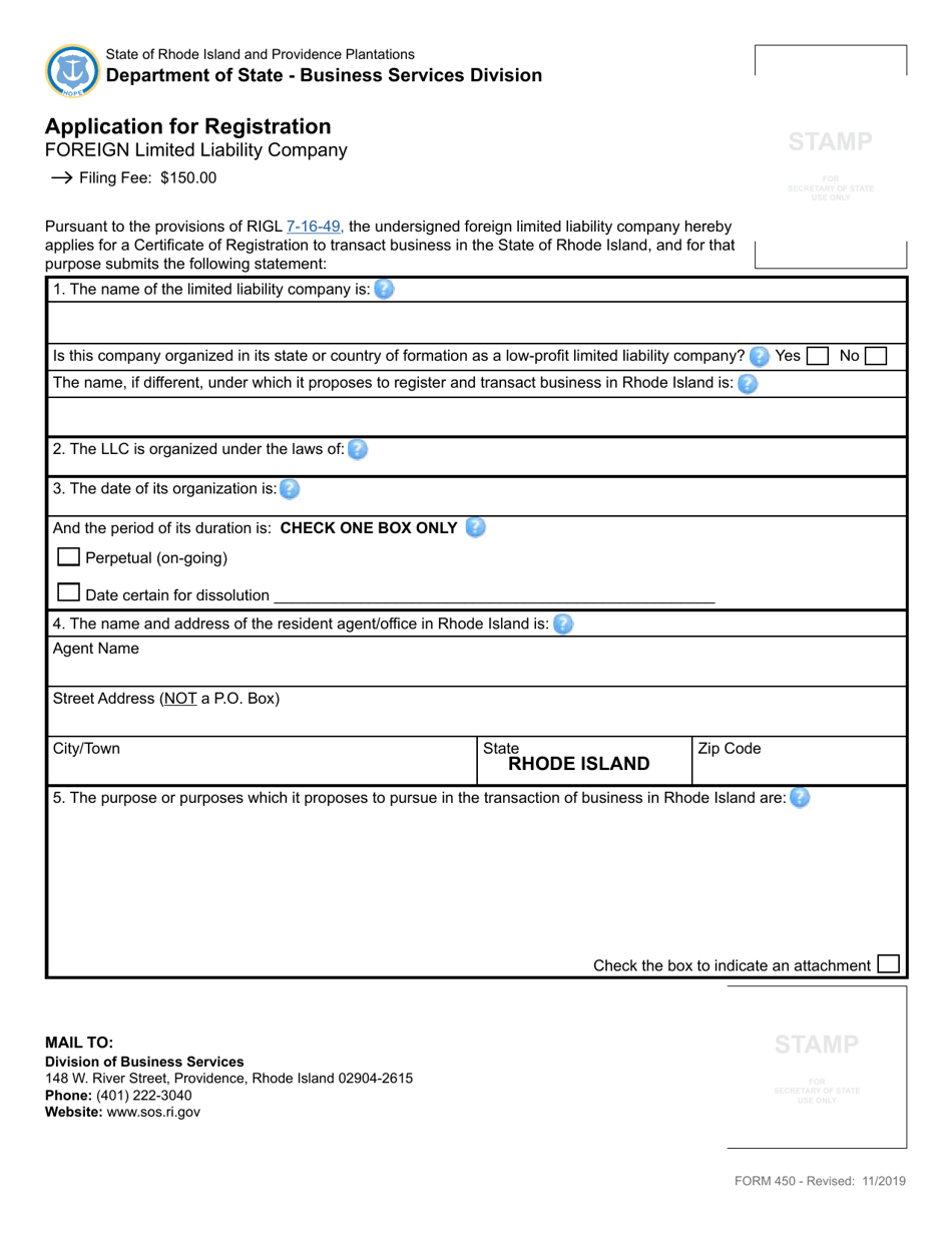 Form 450 Application for Registration for a Foreign Limited Liability Company - Rhode Island, Page 3