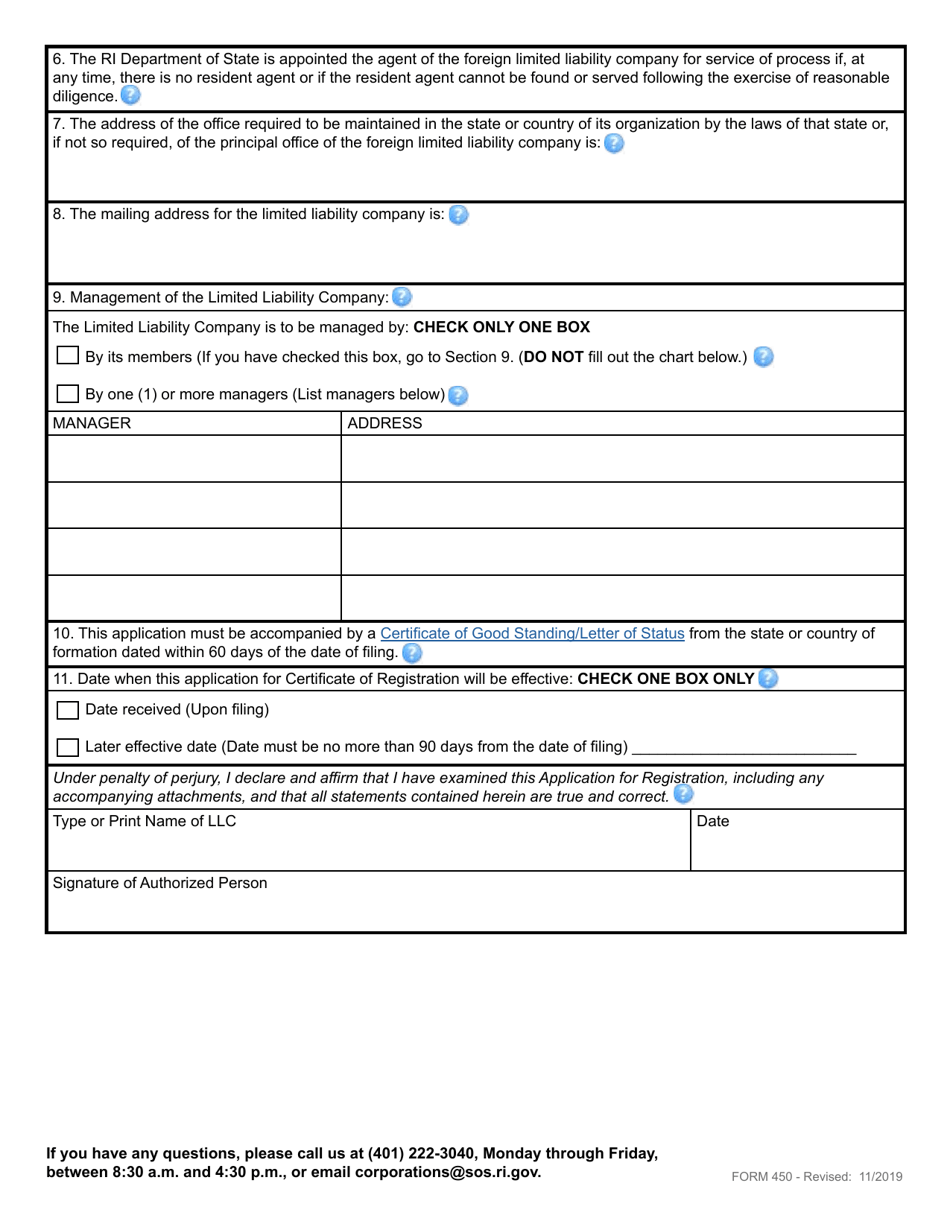 Form 450 Application for Registration for a Foreign Limited Liability Company - Rhode Island, Page 4