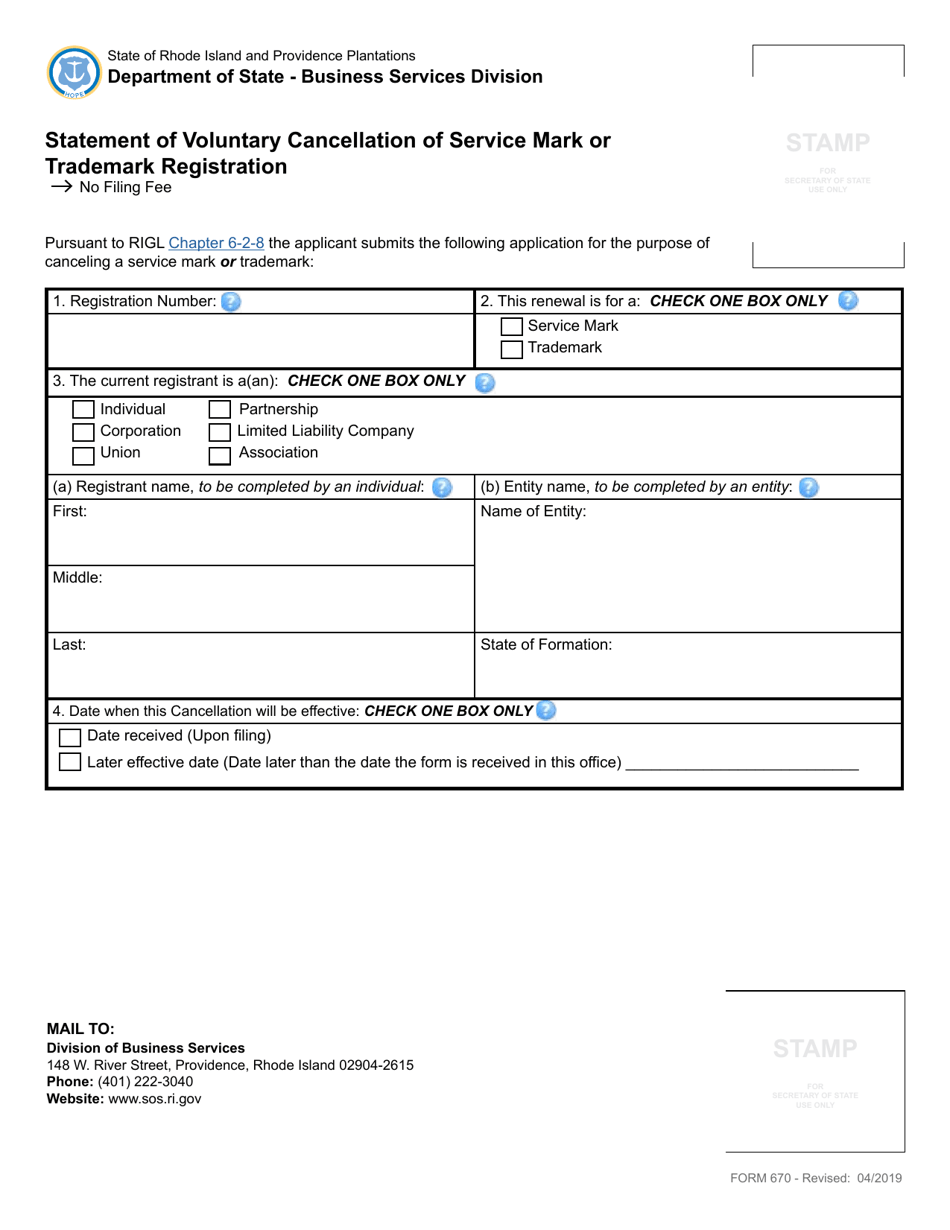 Form 670 Statement of Voluntary Cancellation of Service Mark or Trademark Registration - Rhode Island, Page 2