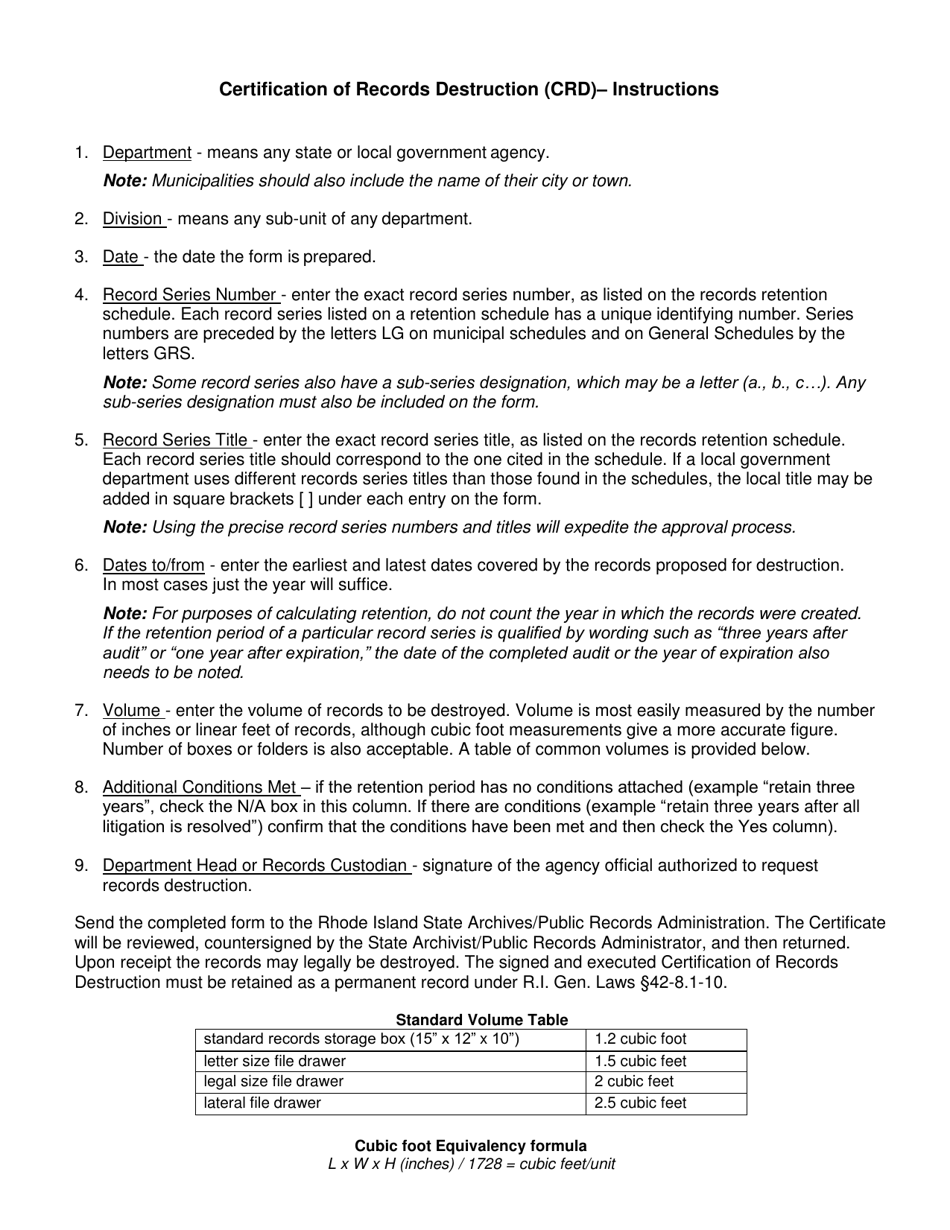 Instructions for Certification of Records Destruction (Crd) - Rhode Island, Page 1