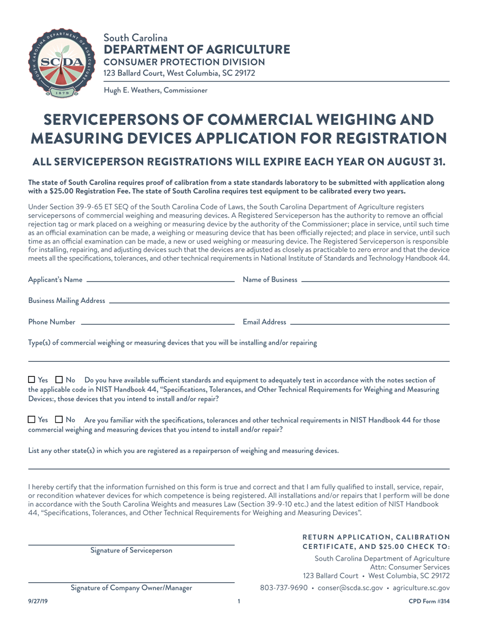 CPD Form 314 Servicepersons of Commercial Weighing and Measuring Devices Application for Registration - South Carolina, Page 1