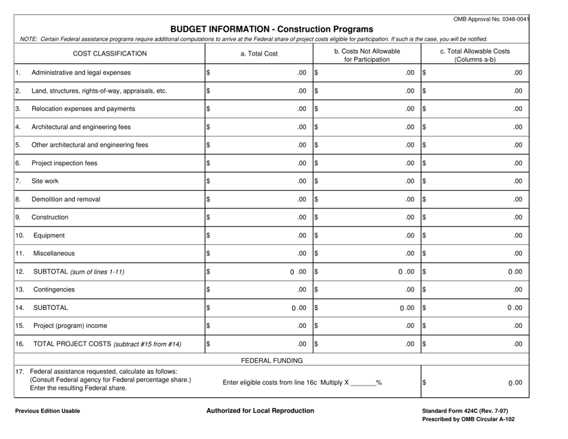 Form SF-424C Budget Information - Construction Programs