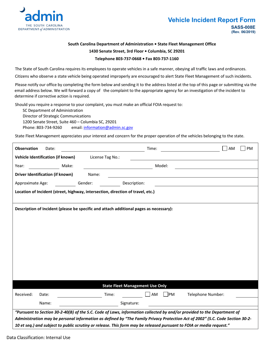 Form SASS-008E Vehicle Incident Report Form - South Carolina, Page 1