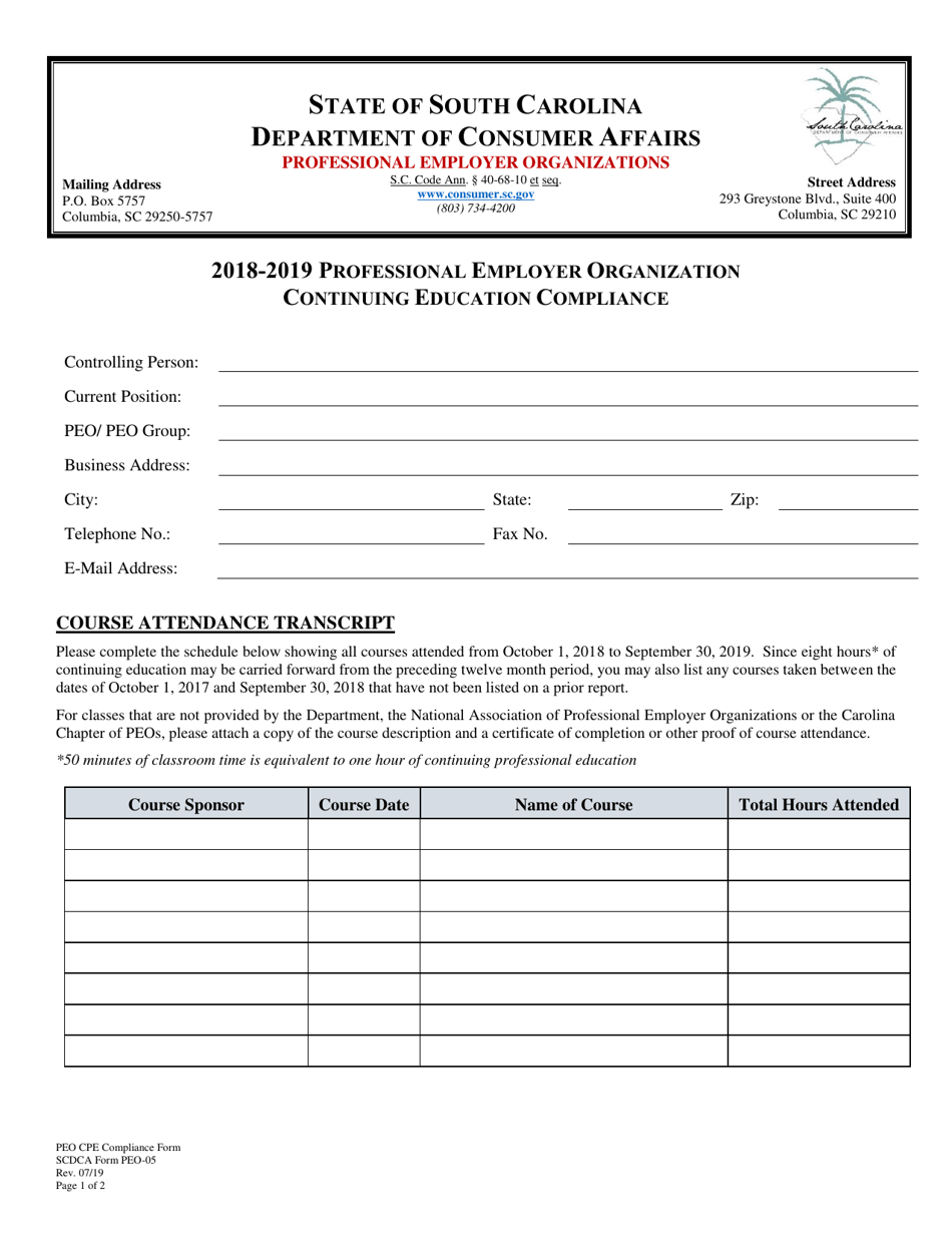 SCDCA Form PEO-05 Professional Employer Organization Continuing Education Compliance - South Carolina, Page 1