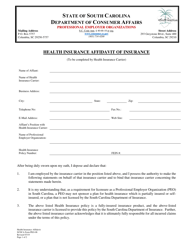 SCDCA Form PEO-08 Health Insurance Affidavit of Insurance - South Carolina