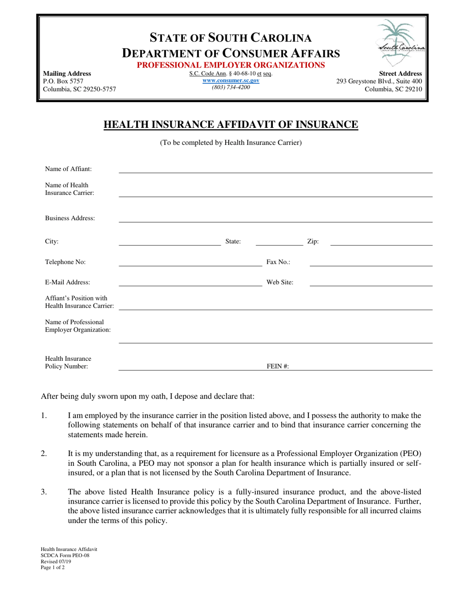 SCDCA Form PEO-08 Health Insurance Affidavit of Insurance - South Carolina, Page 1