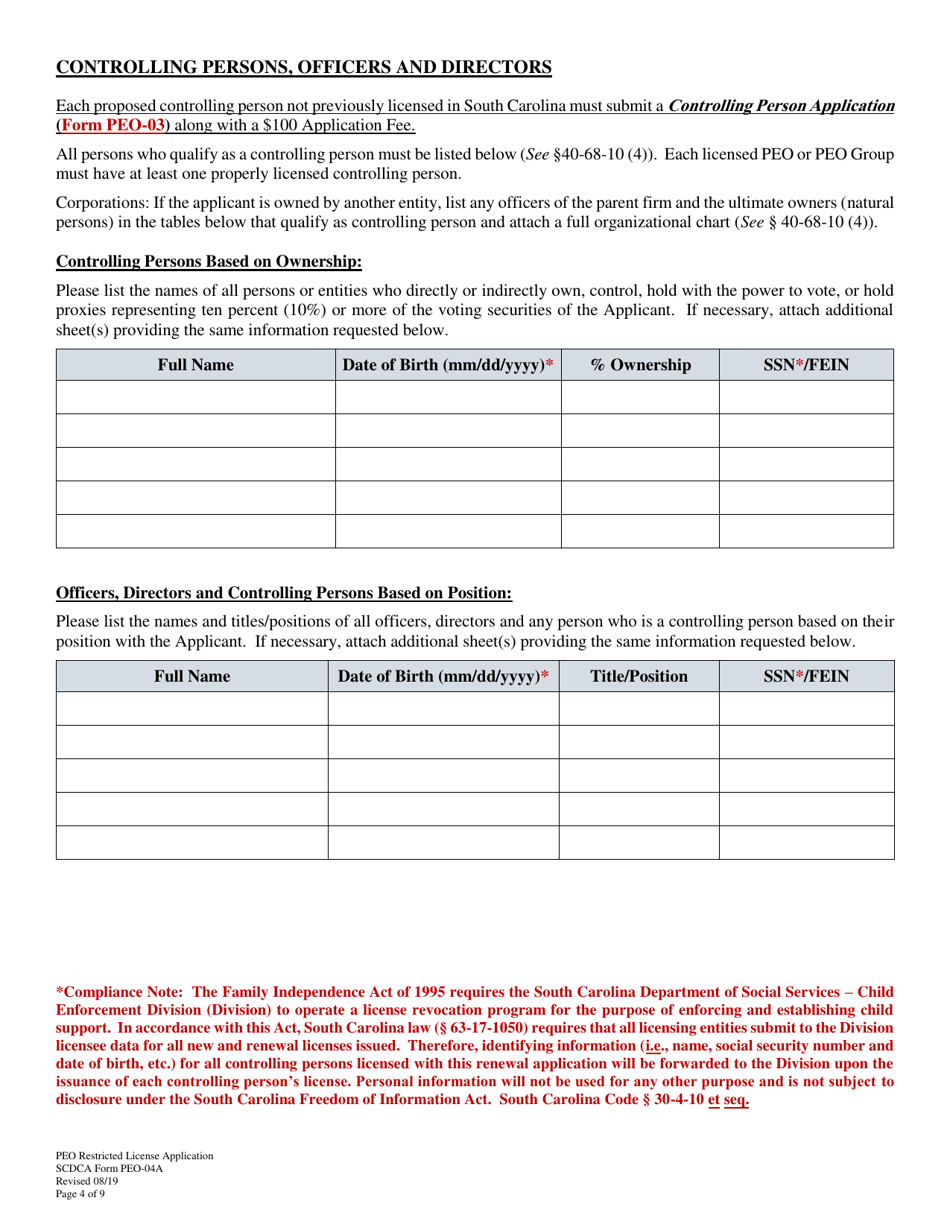 SCDCA Form PEO-04A Professional Employer Organization Initial License Application - South Carolina, Page 4