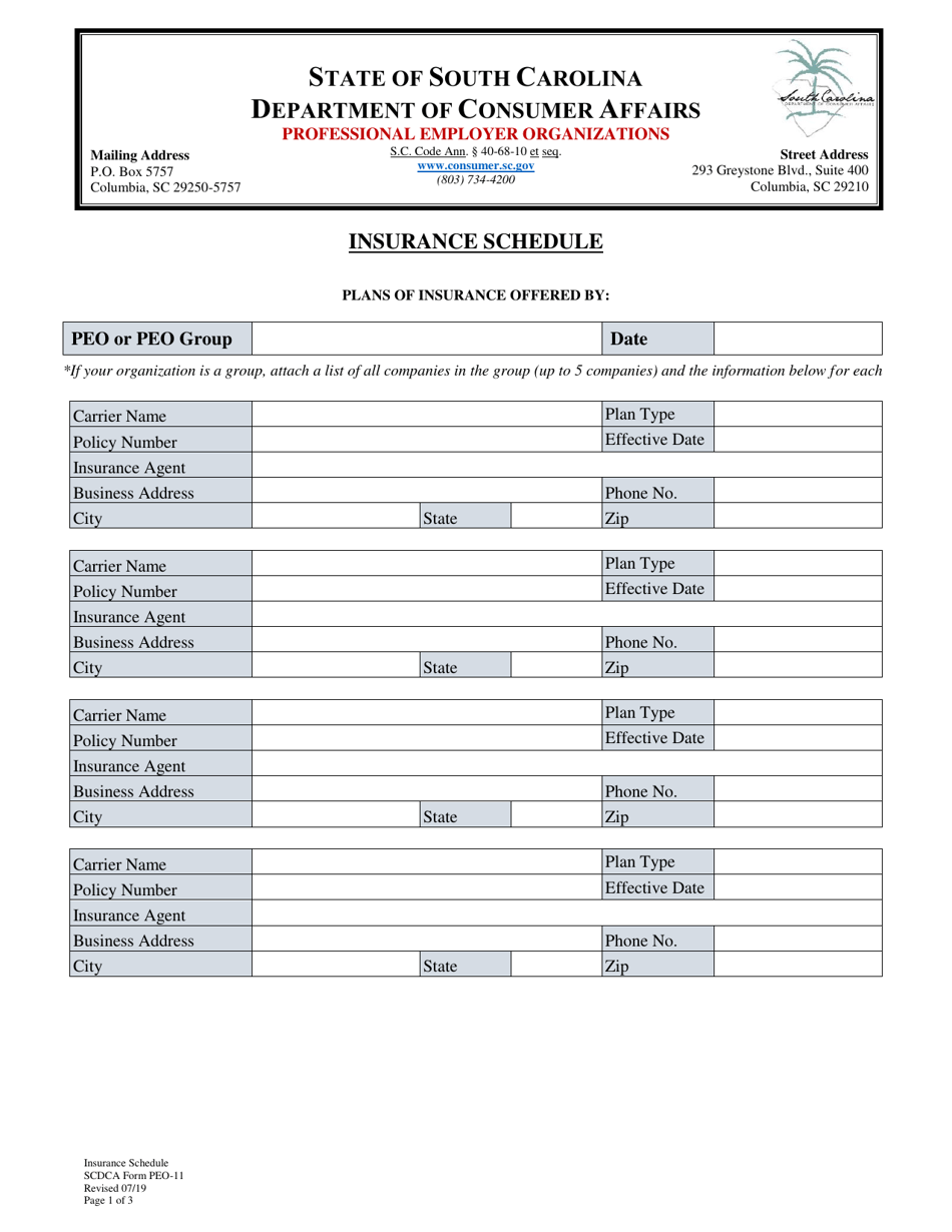 SCDCA Form PEO-11 Insurance Schedule - South Carolina, Page 1