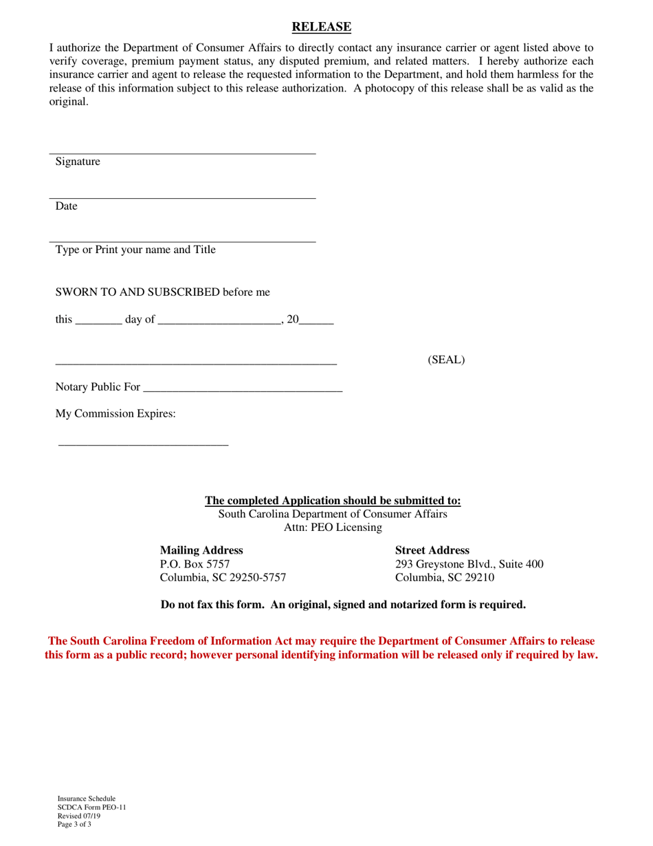 SCDCA Form PEO-11 Insurance Schedule - South Carolina, Page 3