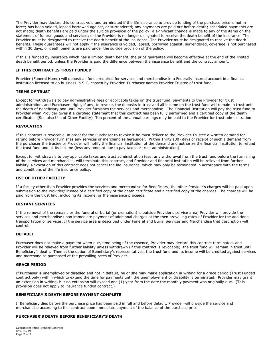 Guaranteed Price Preneed Contract - South Carolina, Page 2