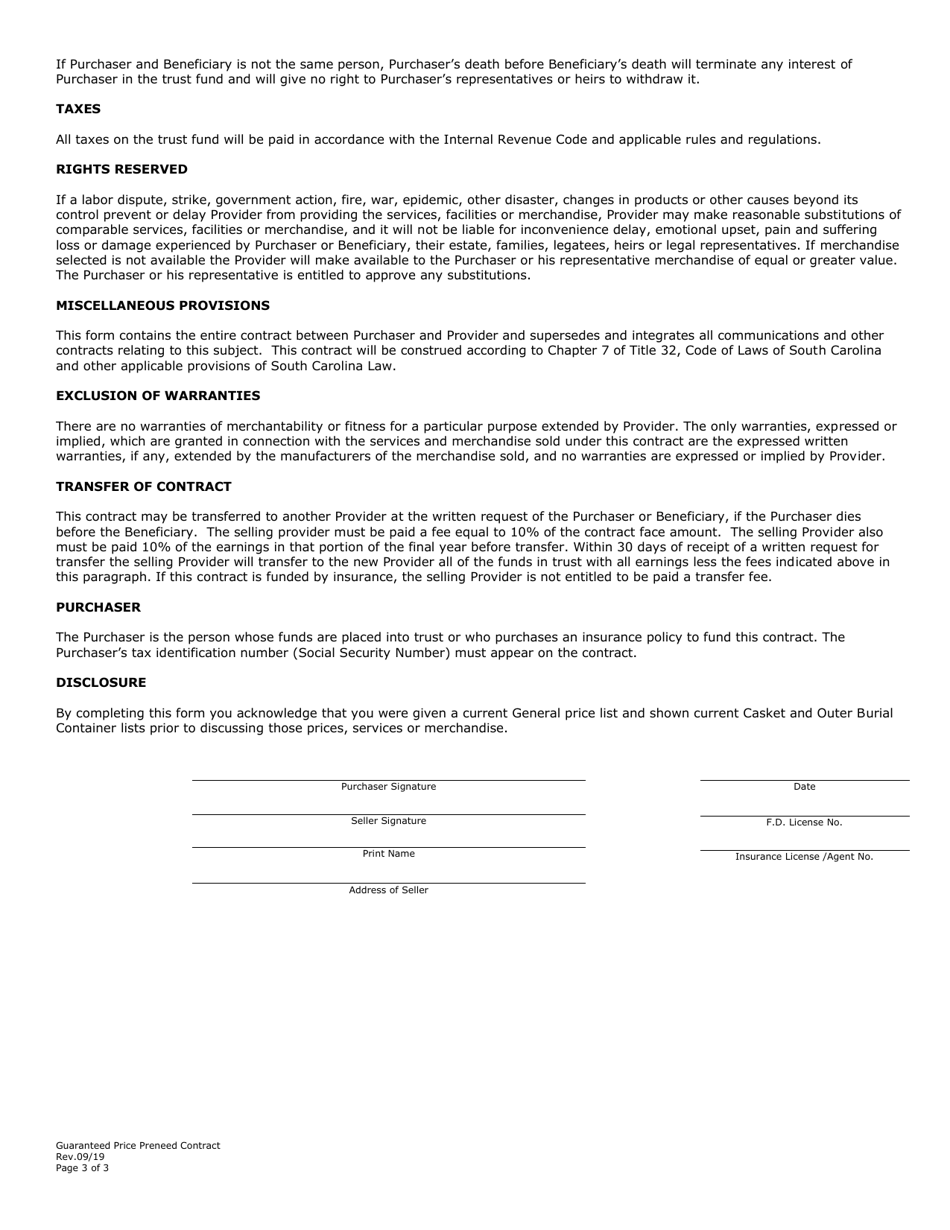 Guaranteed Price Preneed Contract - South Carolina, Page 3