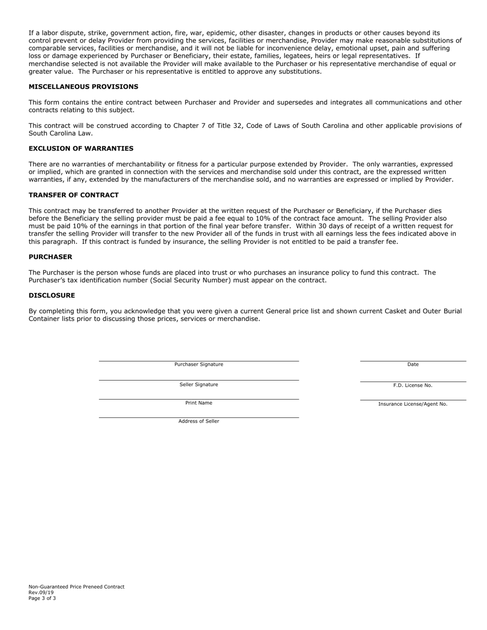 Non-guaranteed Price Preneed Contract - South Carolina, Page 3