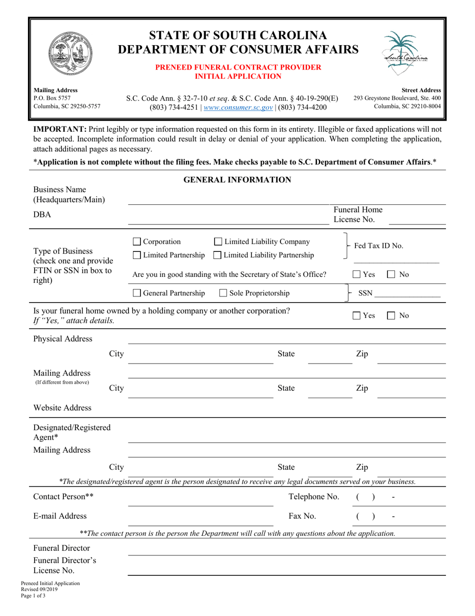 Preneed Funeral Contract Provider Initial Application - South Carolina, Page 1