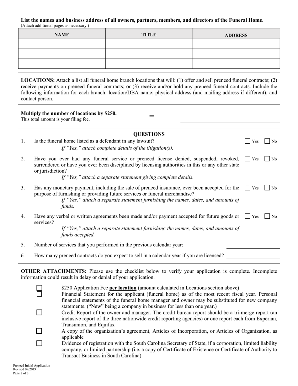 Preneed Funeral Contract Provider Initial Application - South Carolina, Page 2