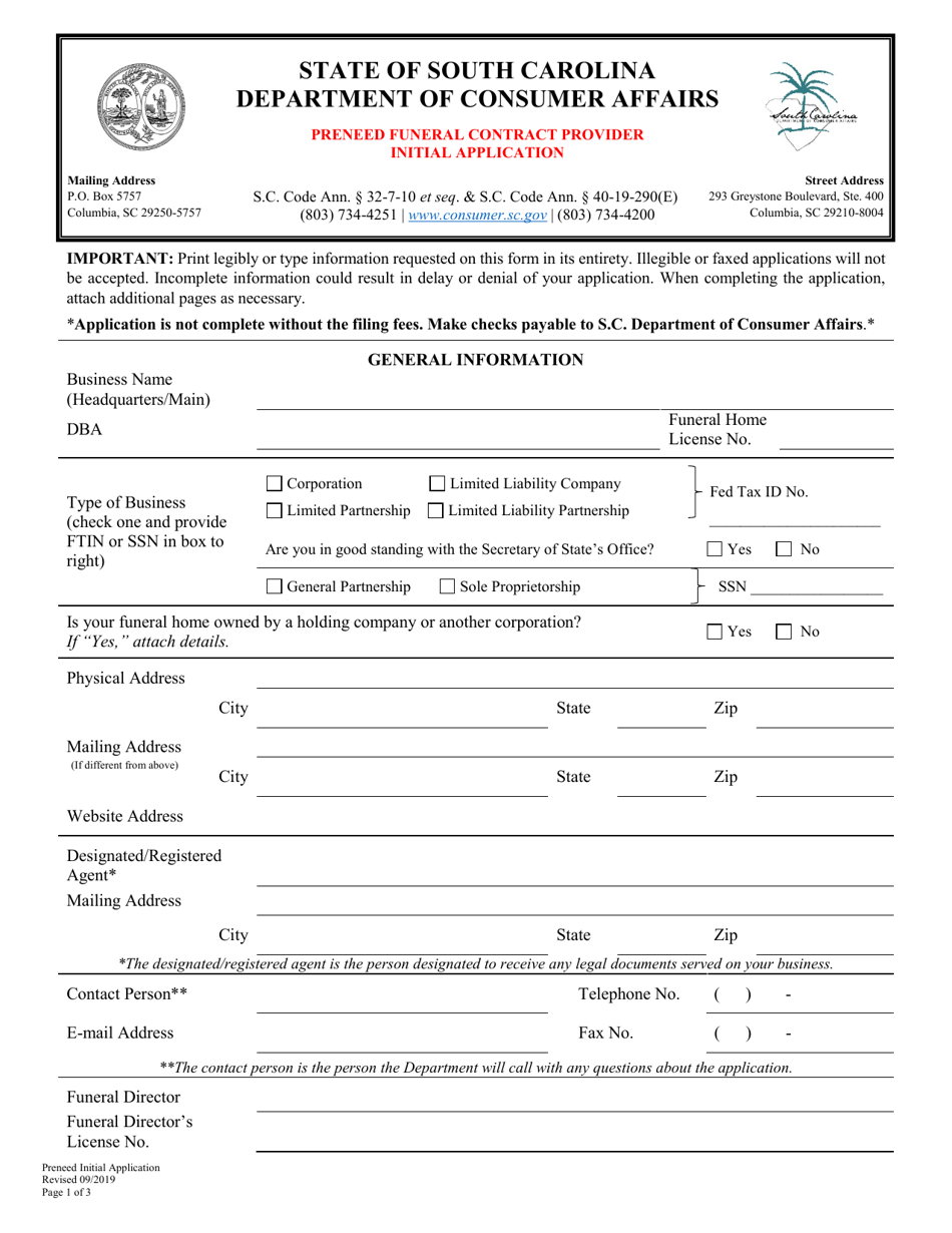 South Carolina Preneed Funeral Contract Provider Initial Application