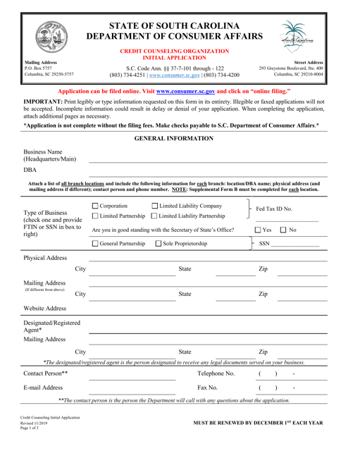 Credit Counseling Organization Initial Application - South Carolina Download Pdf