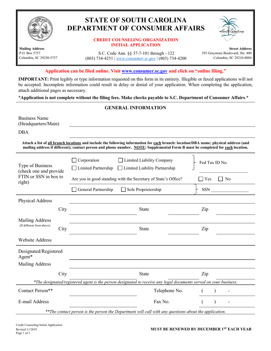 Credit Counseling Organization Initial Application - South Carolina, Page 1