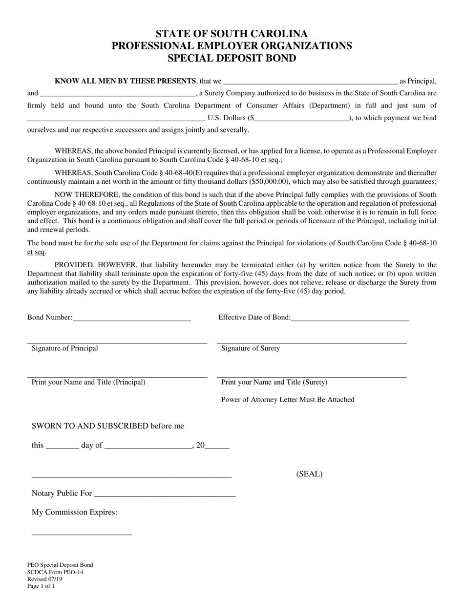 SCDCA Form PEO-14 Professional Employer Organizations Special Deposit Bond - South Carolina, Page 1