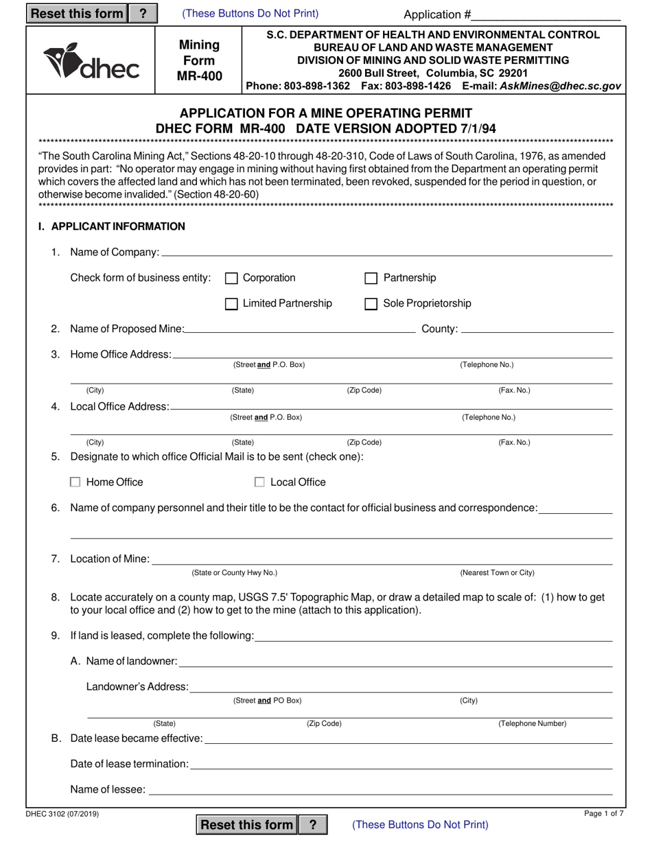 Form MR-400 (DHEC Form 3102) Application for a Mine Operating Permit - South Carolina, Page 1