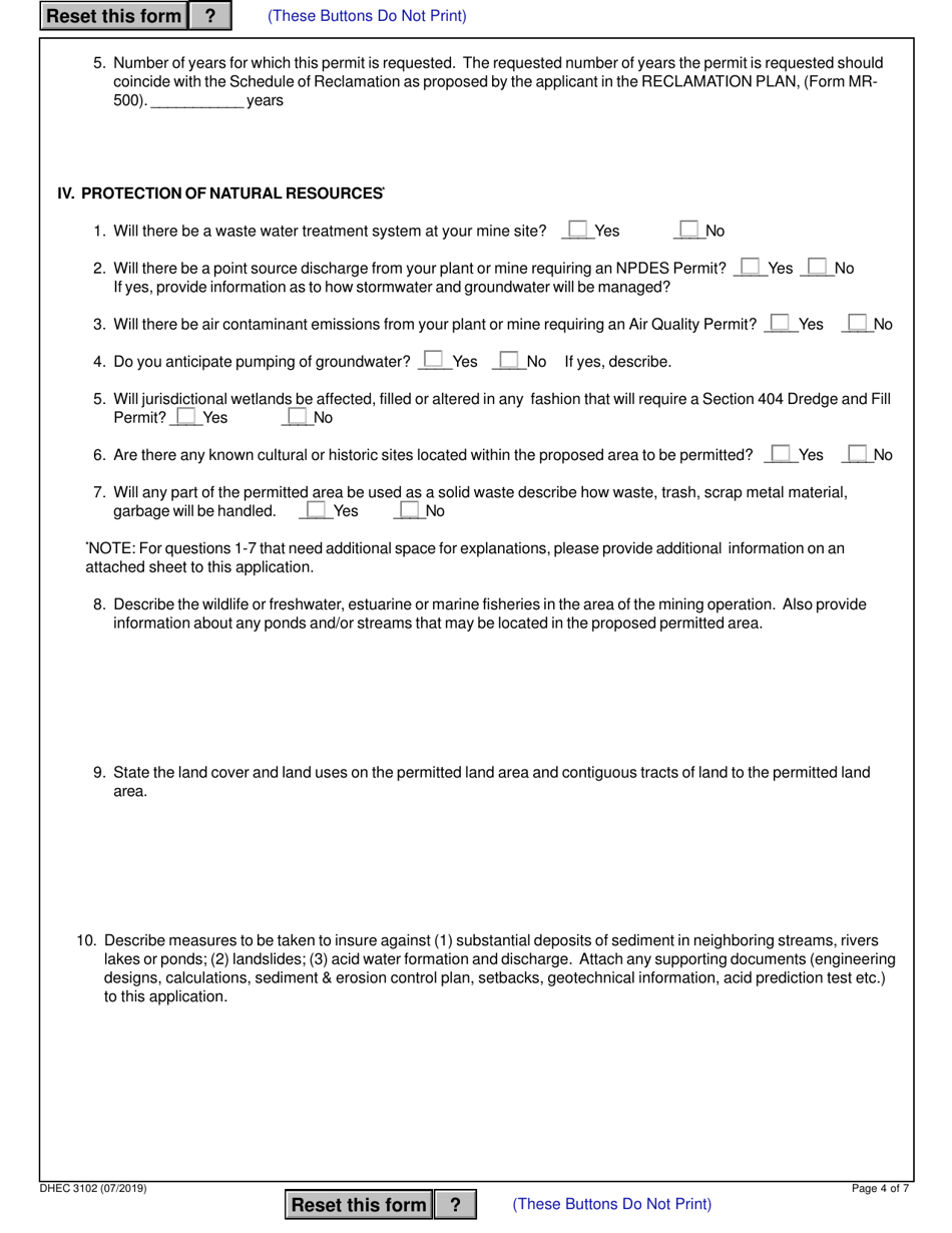 Form MR-400 (DHEC Form 3102) Application for a Mine Operating Permit - South Carolina, Page 4