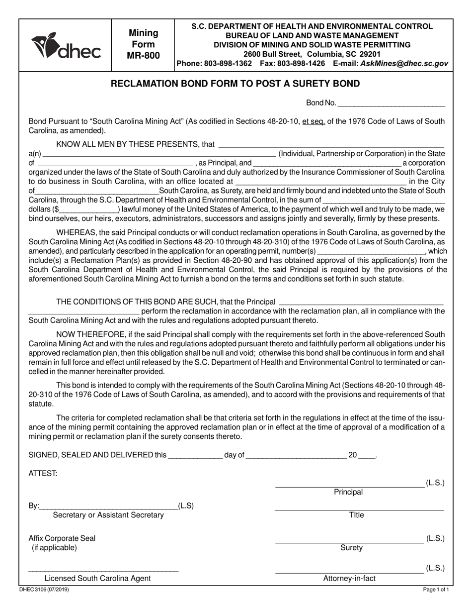 Form MR-800 (DHEC Form 3106) Reclamation Bond Form to Post a Surety Bond - South Carolina, Page 1