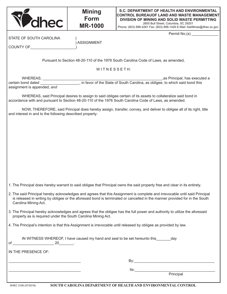 Form MR-1000 (DHEC Form 3108) Assignment of Reclamation Bind - South Carolina, Page 1