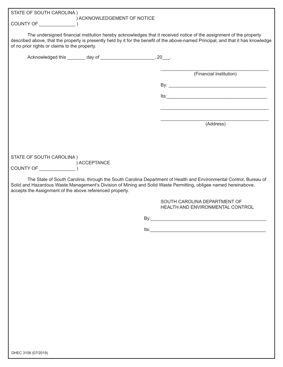 Form MR-1000 (DHEC Form 3108) Assignment of Reclamation Bind - South Carolina, Page 2