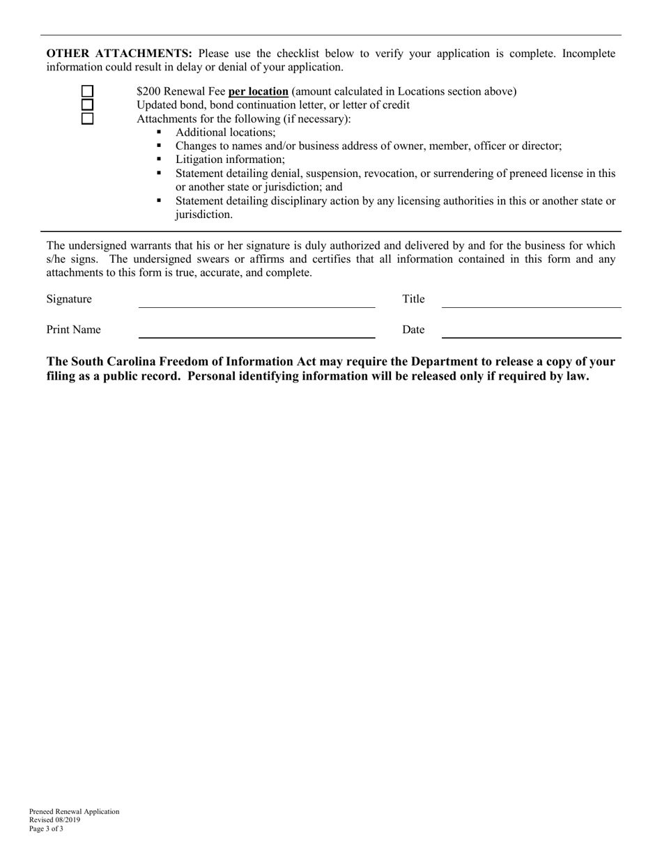 Preneed Funeral Contract Provider Renewal Application - South Carolina, Page 3